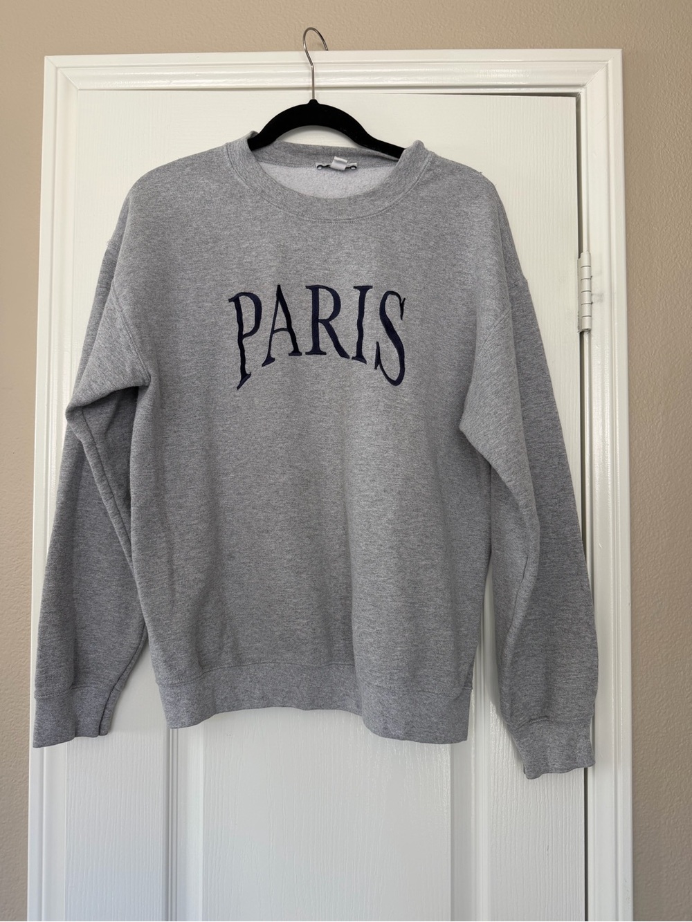 Topshop Gray Crewneck Sweatshirt with Navy PARIS Applique